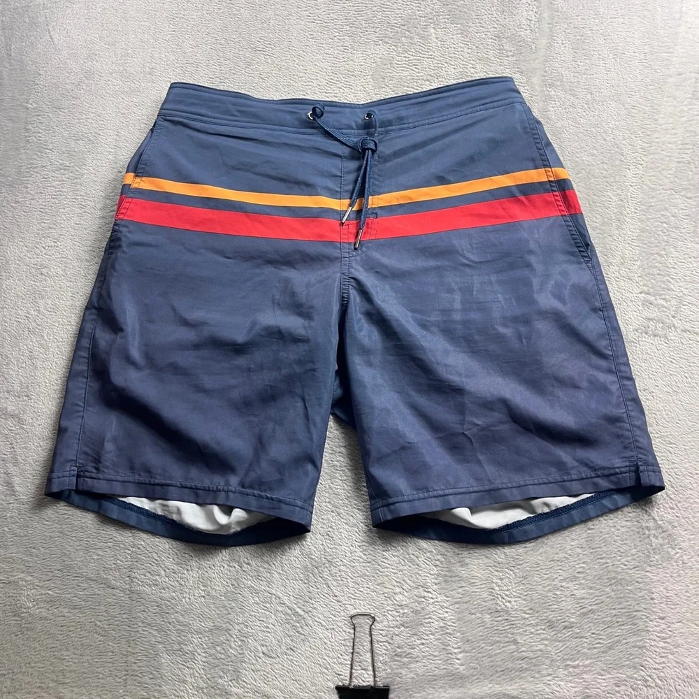 Fair Harbor Mens Navy Blue Striped Board Shorts Swim Trunks Size L Retro Stretch